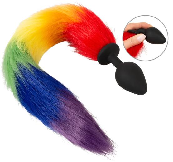 Analplug mit Schweif in Regenbogenfarben (7,2 cm, Ø 3,5 cm) 