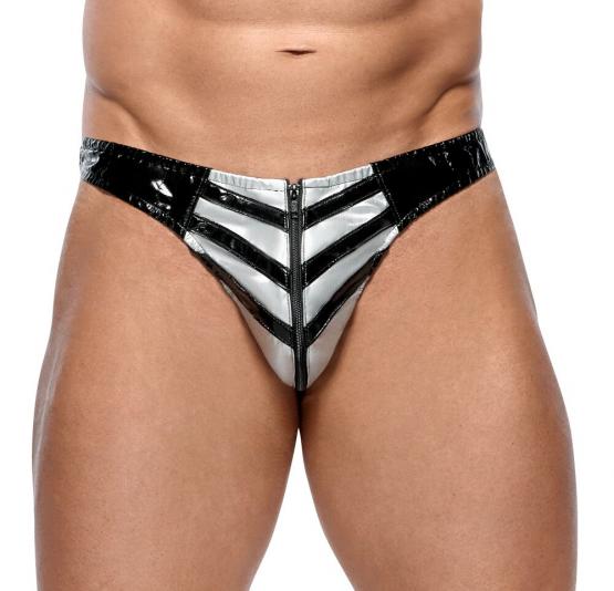 Herren Slip aus Lack Schwarz/Silber 2XL