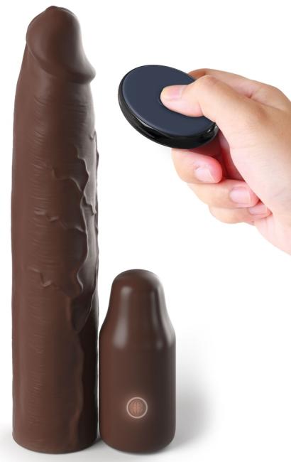 Vibro-Penishülle Mega X-tension mit Fernbedienung (22,9 cm lang, Verlängerung 7,6 cm) Hautfarben Dunkel